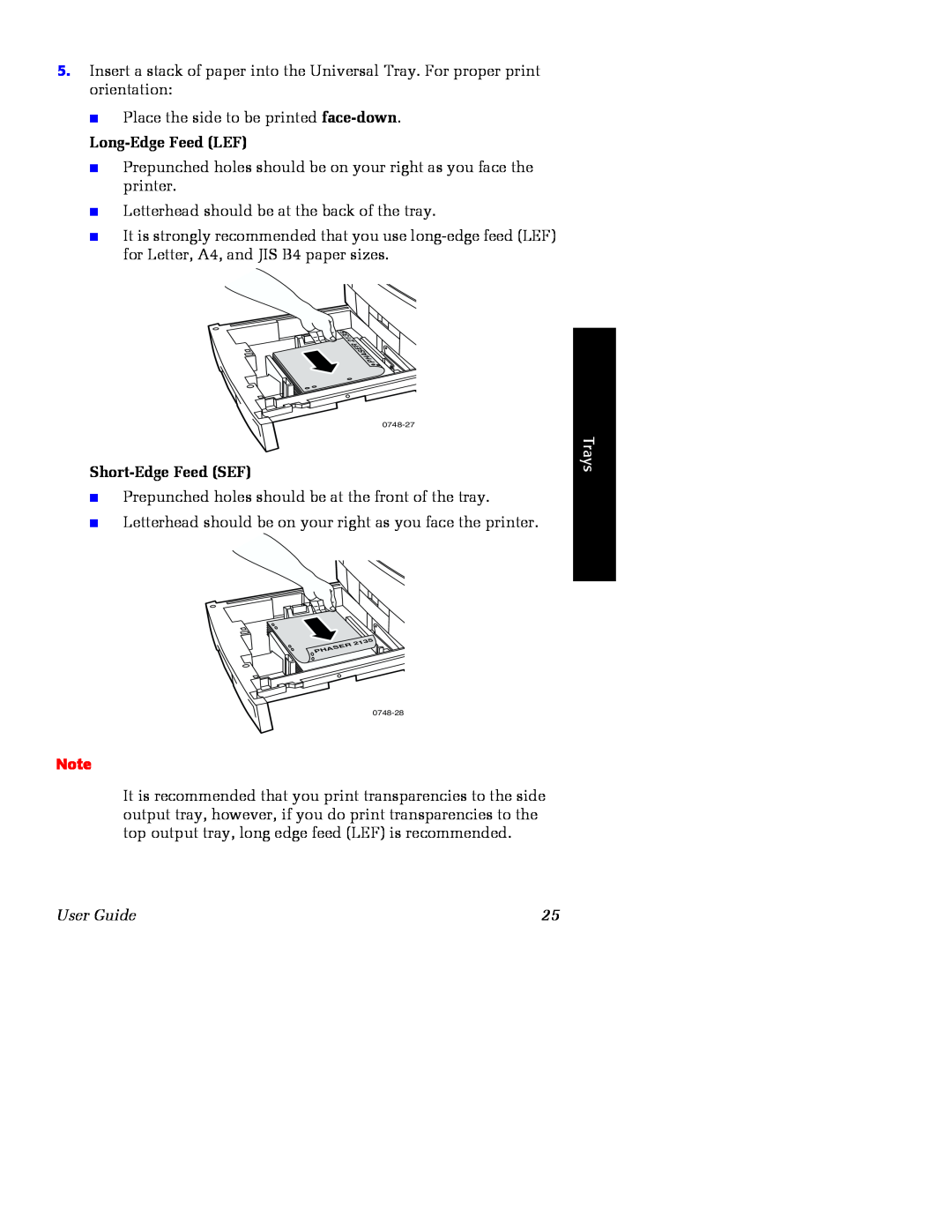 Xerox Phaser 2135 manual Long-Edge Feed LEF, Short-Edge Feed SEF, Trays, User Guide, 5 3 1 2 R E S A H P 
