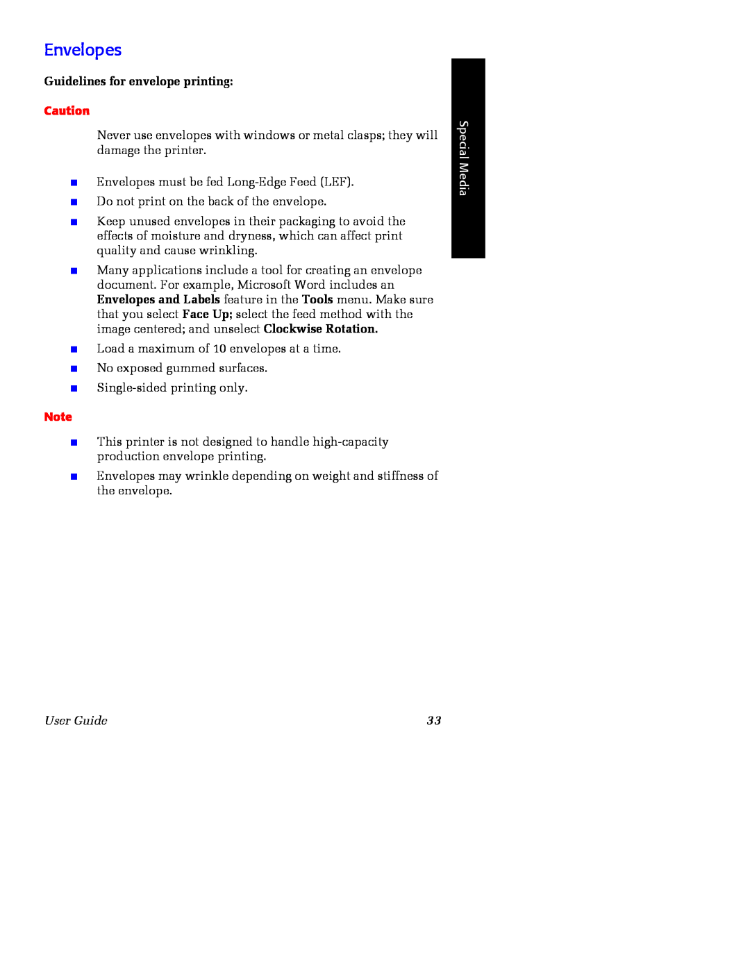 Xerox Phaser 2135 manual Envelopes, Guidelines for envelope printing, Special Media, User Guide 