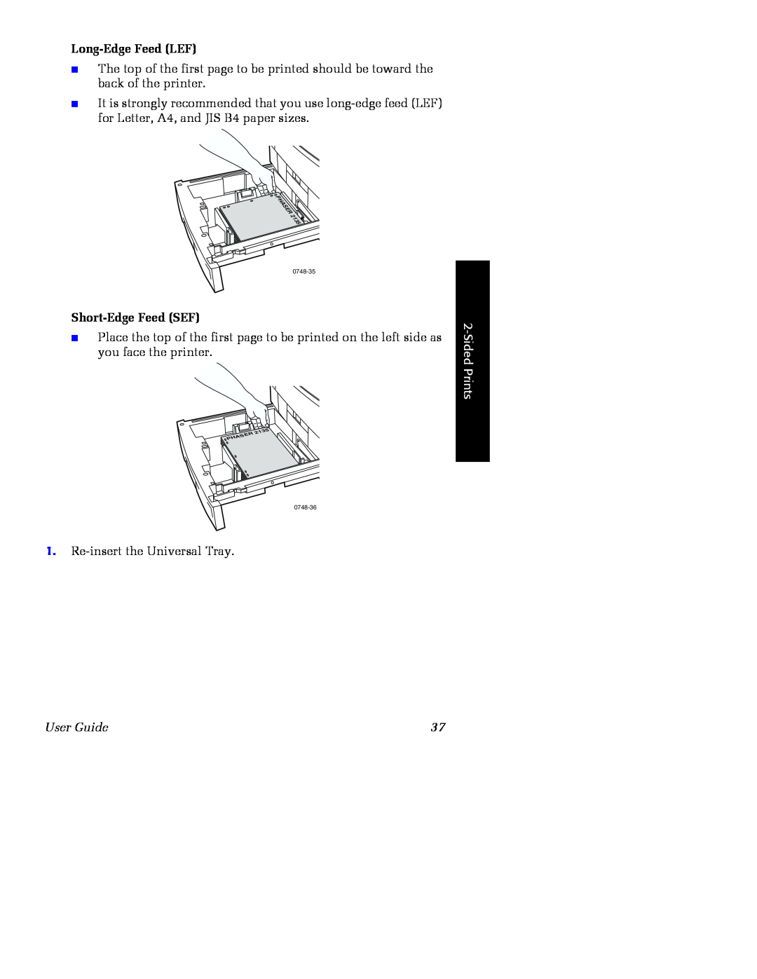 Xerox Phaser 2135 manual Long-Edge Feed LEF, Short-Edge Feed SEF, Sided Prints, User Guide, PH A S ER 2135, R2135 SE A PH 