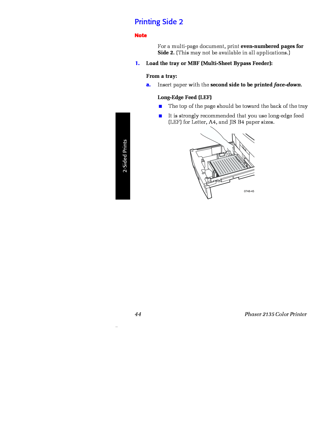 Xerox Phaser 2135 manual a. Insert paper with the second side to be printed face-down, Printing Side, Long-Edge Feed LEF 