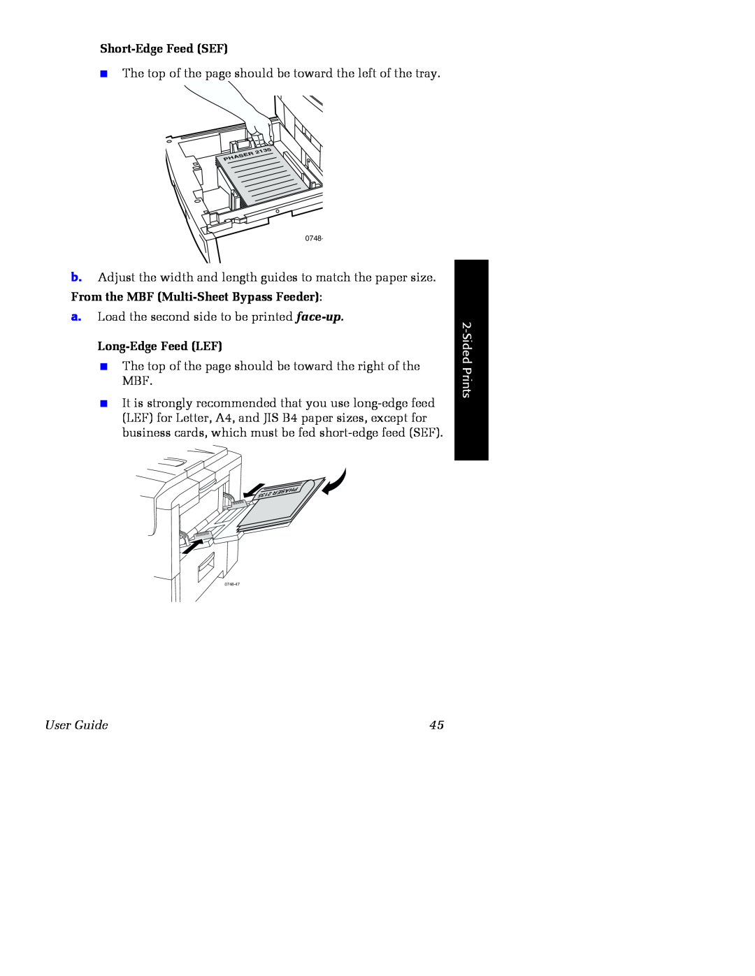 Xerox Phaser 2135 manual Short-Edge Feed SEF, Long-Edge Feed LEF, Sided Prints, User Guide, PHASER 2135 
