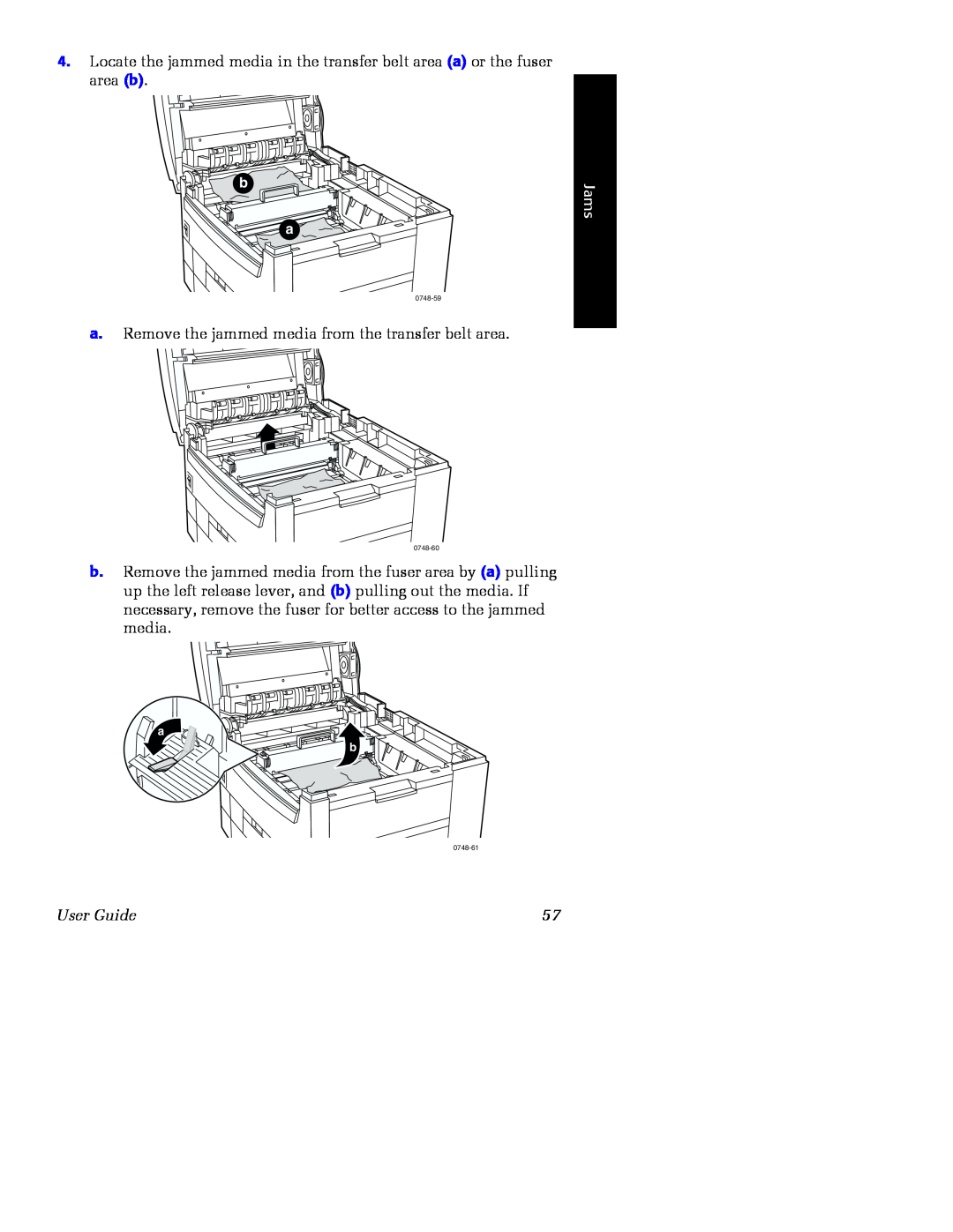 Xerox Phaser 2135 manual a. Remove the jammed media from the transfer belt area, Jams, User Guide 