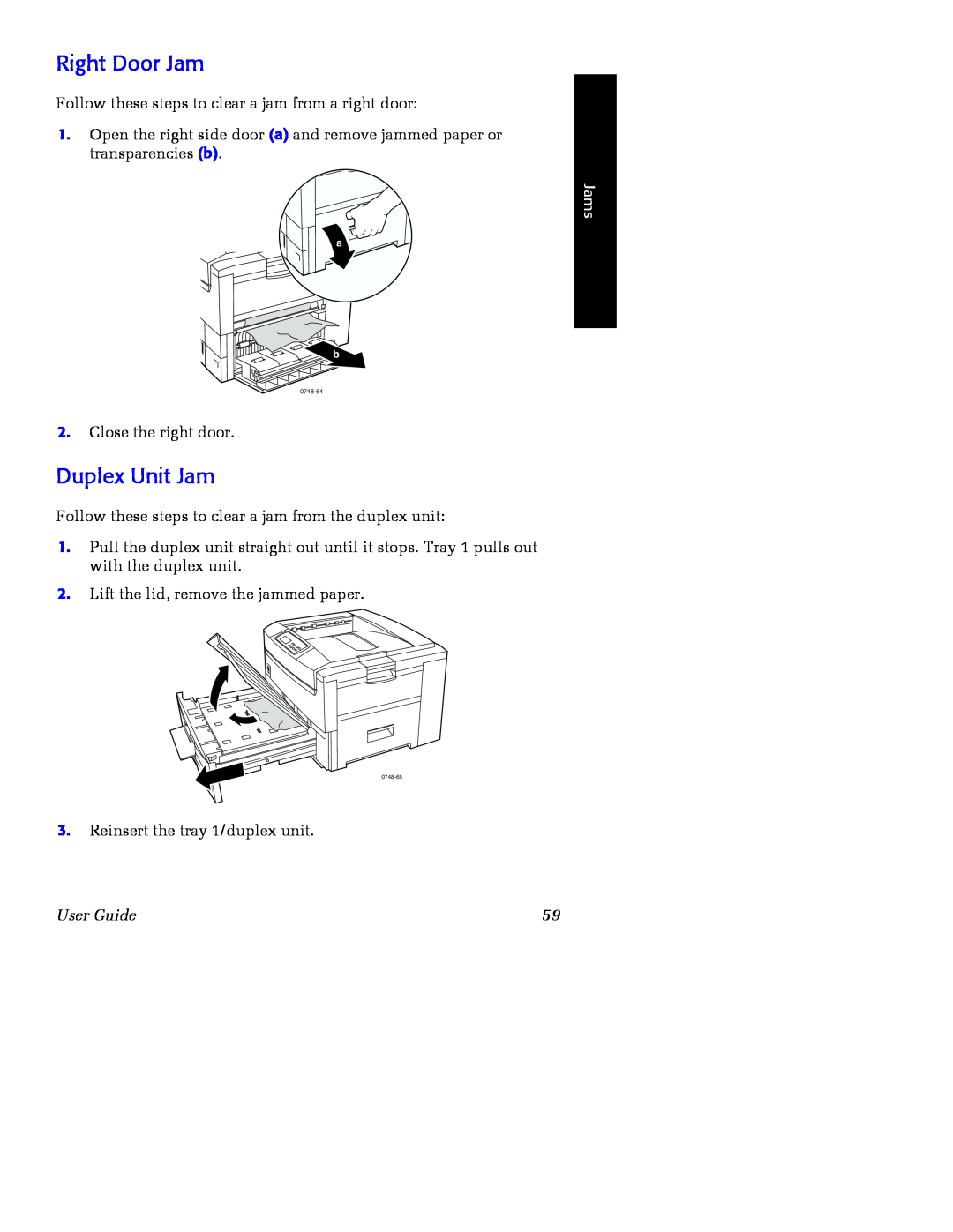 Xerox Phaser 2135 manual Right Door Jam, Duplex Unit Jam, Jams, User Guide 