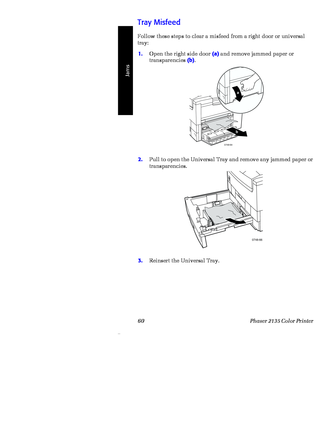 Xerox manual Tray Misfeed, Jams, Phaser 2135 Color Printer 