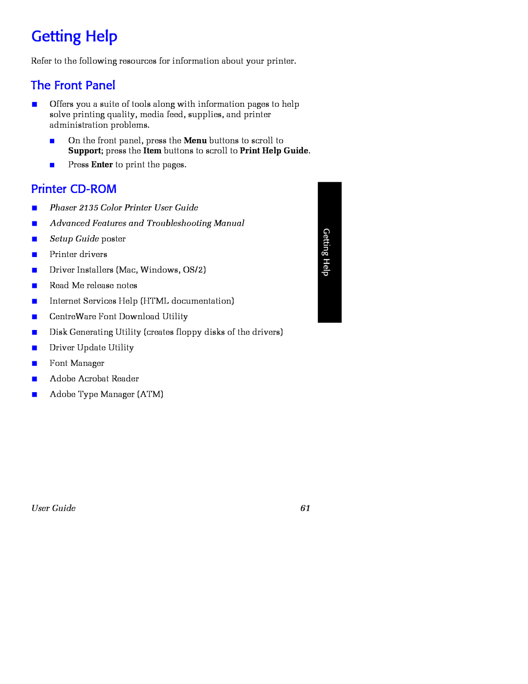 Xerox manual Getting Help, The Front Panel, Printer CD-ROM, Phaser 2135 Color Printer User Guide 