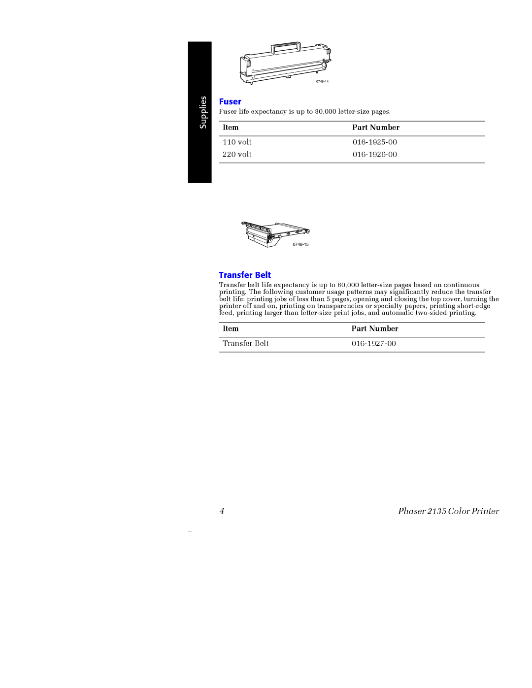 Xerox Phaser 2135 manual Fuser, Transfer Belt 016-1927-00 
