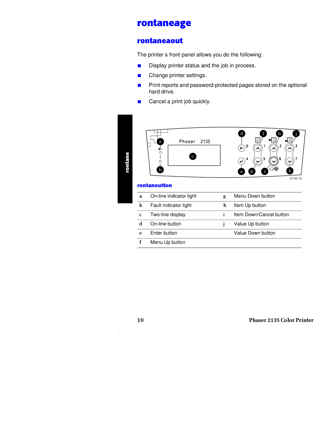 Xerox Phaser 2135 manual Front Panel Usage, Front Panel Layout 