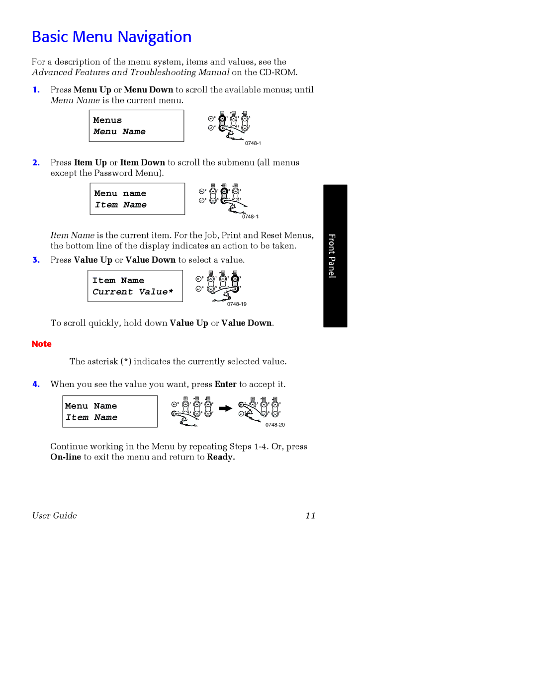 Xerox Phaser 2135 manual Basic Menu Navigation, Menu Name 