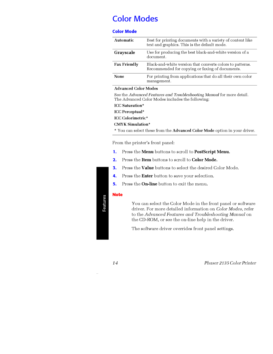 Xerox Phaser 2135 manual Color Modes 