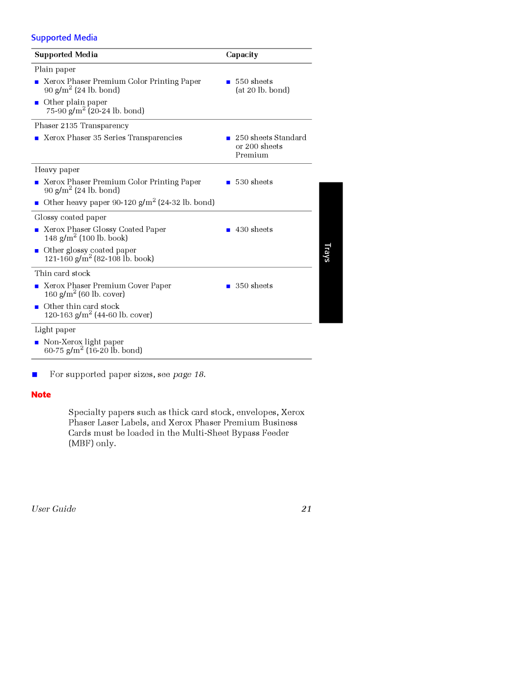 Xerox Phaser 2135 manual Supported Media Capacity 