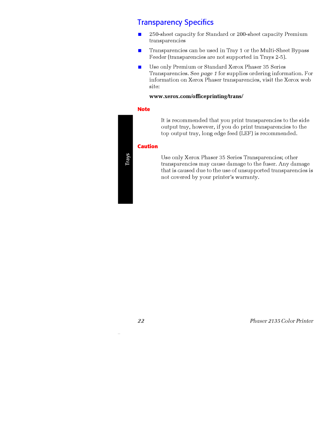 Xerox Phaser 2135 manual Transparency Specifics 