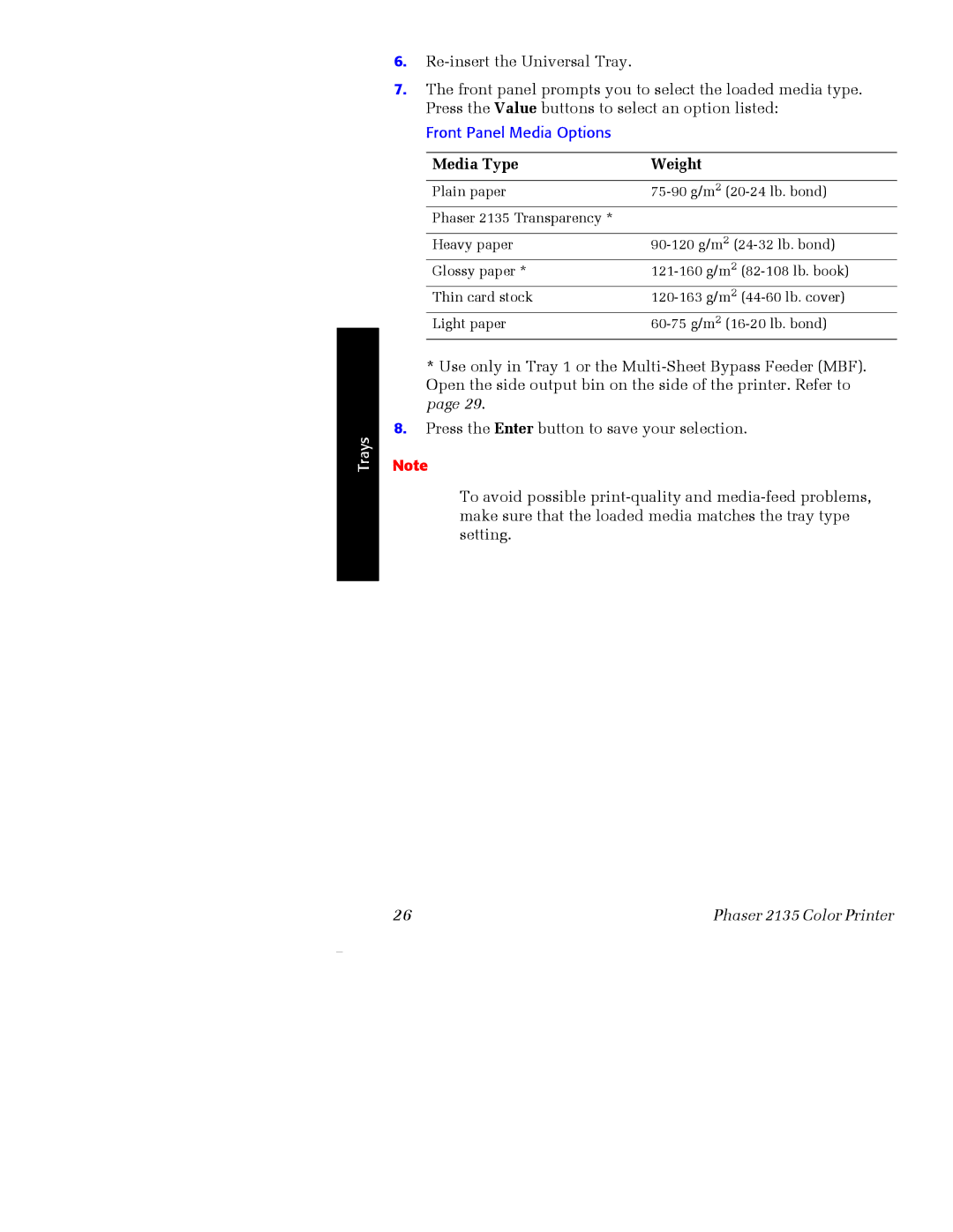 Xerox Phaser 2135 manual Media Type Weight 