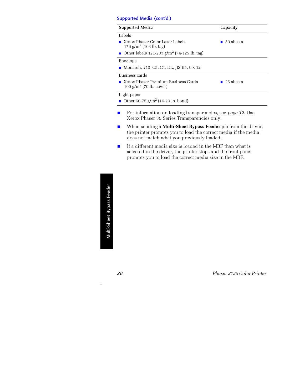 Xerox Phaser 2135 manual Supported Media contd 