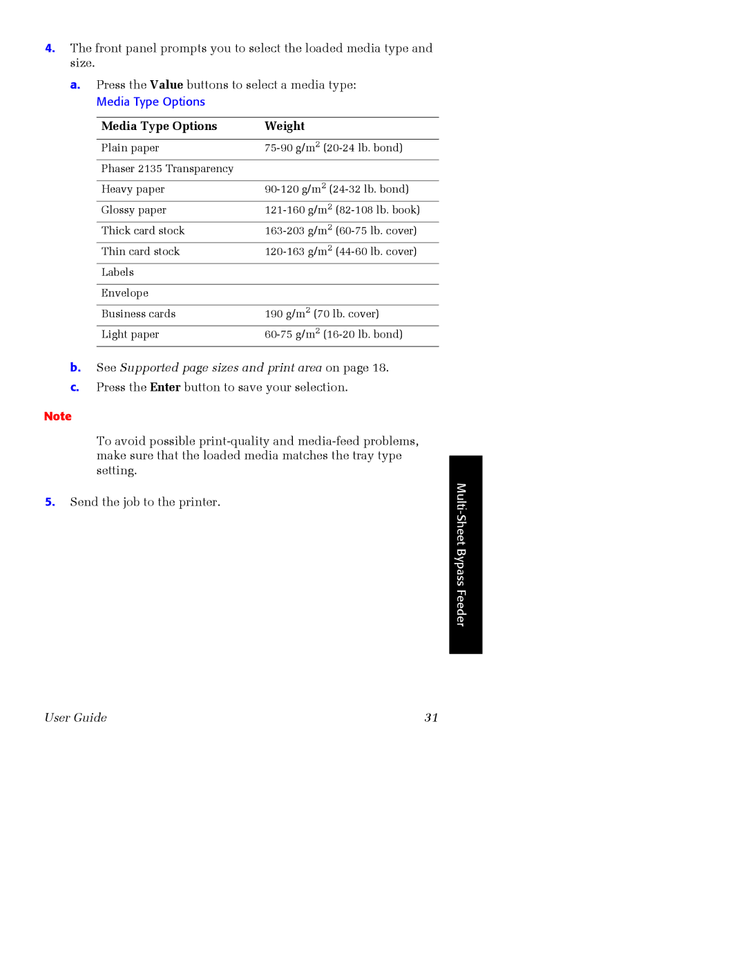 Xerox Phaser 2135 manual Media Type Options Weight 