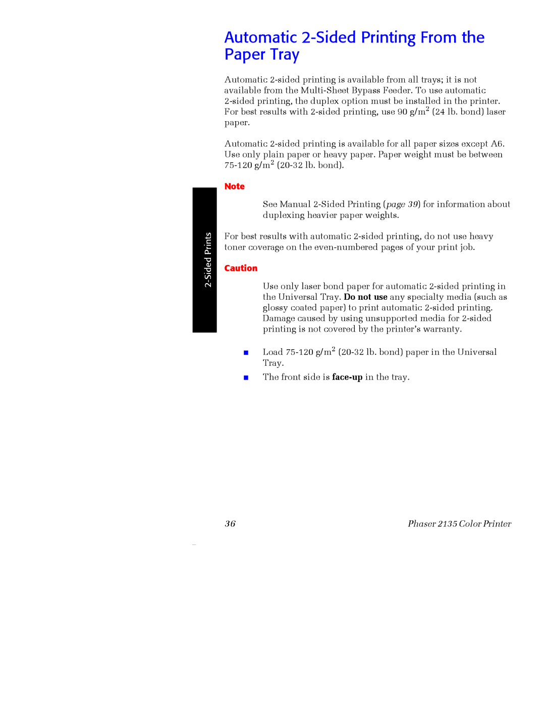 Xerox Phaser 2135 manual Automatic 2-Sided Printing From the Paper Tray 