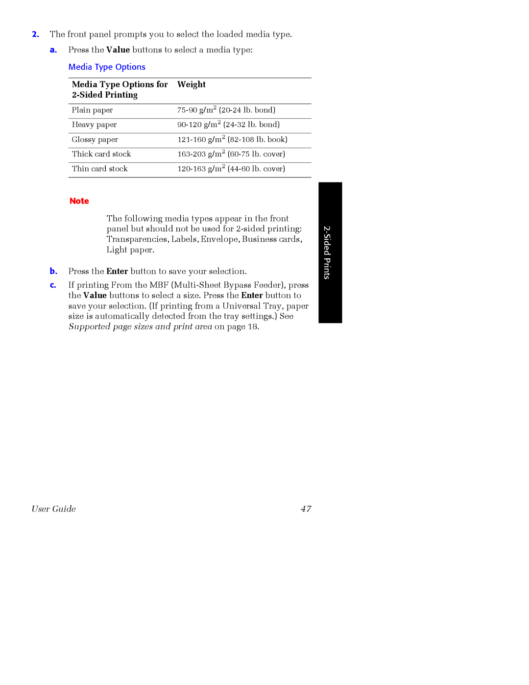 Xerox Phaser 2135 manual Media Type Options for Weight Sided Printing 