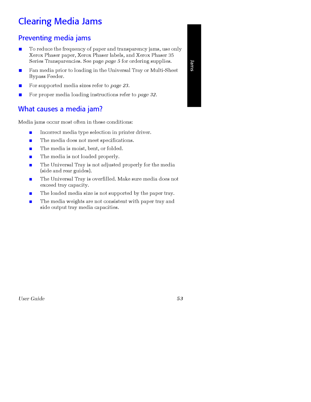 Xerox Phaser 2135 manual Clearing Media Jams, Preventing media jams, What causes a media jam? 