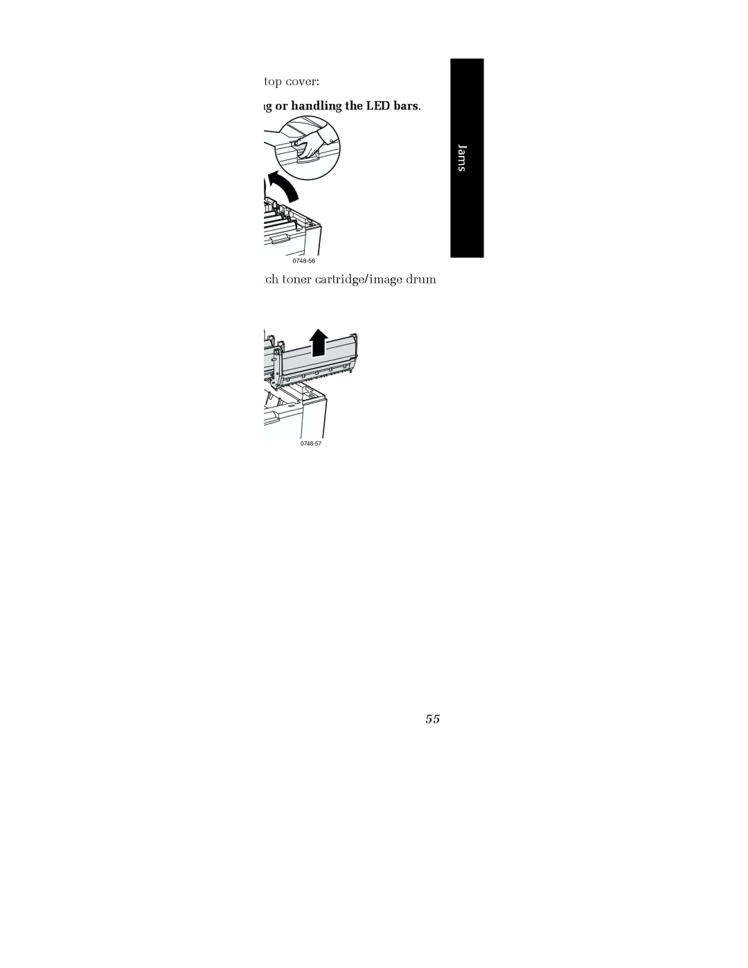 Xerox Phaser 2135 manual Top Cover Jam, Open the top cover. Avoid touching or handling the LED bars 