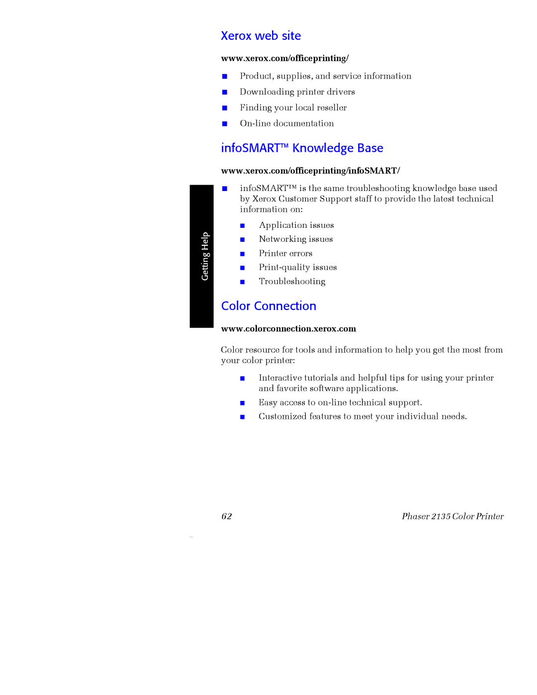 Xerox Phaser 2135 manual Xerox web site, InfoSMART Knowledge Base, Color Connection 