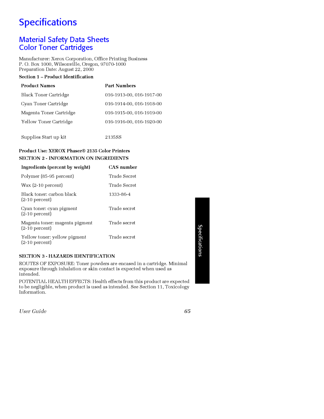 Xerox Phaser 2135 manual Specifications, Material Safety Data Sheets Color Toner Cartridges 