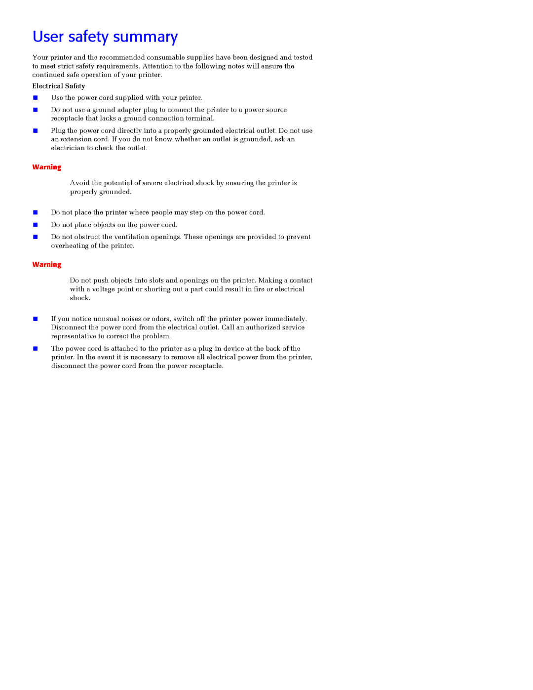 Xerox Phaser 2135 manual User safety summary, Electrical Safety 