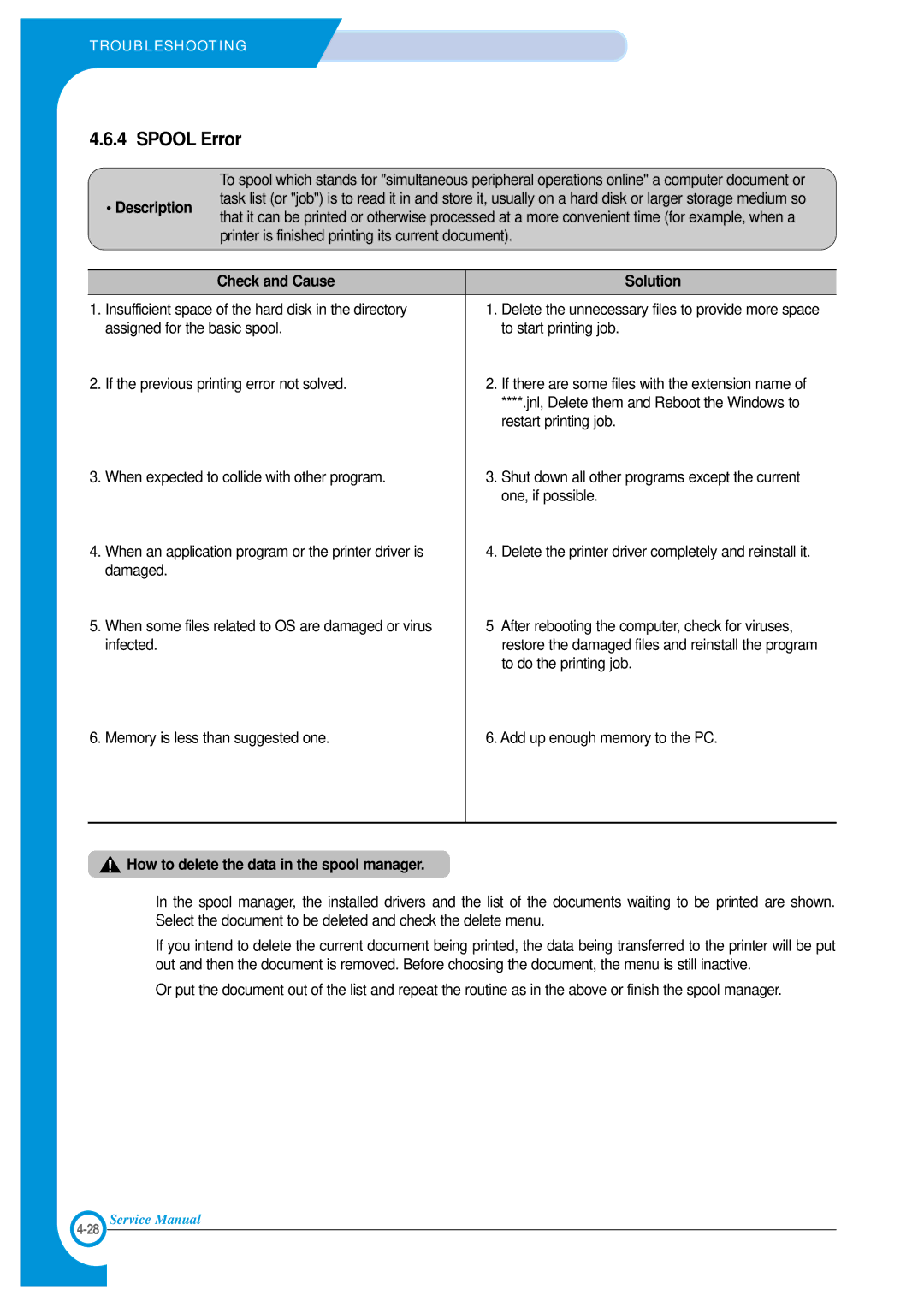 Xerox Phaser 3120 specifications Spool Error, How to delete the data in the spool manager 