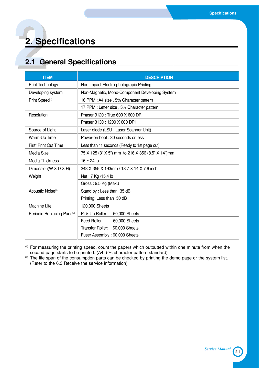 Xerox Phaser 3120 specifications General Specifications 