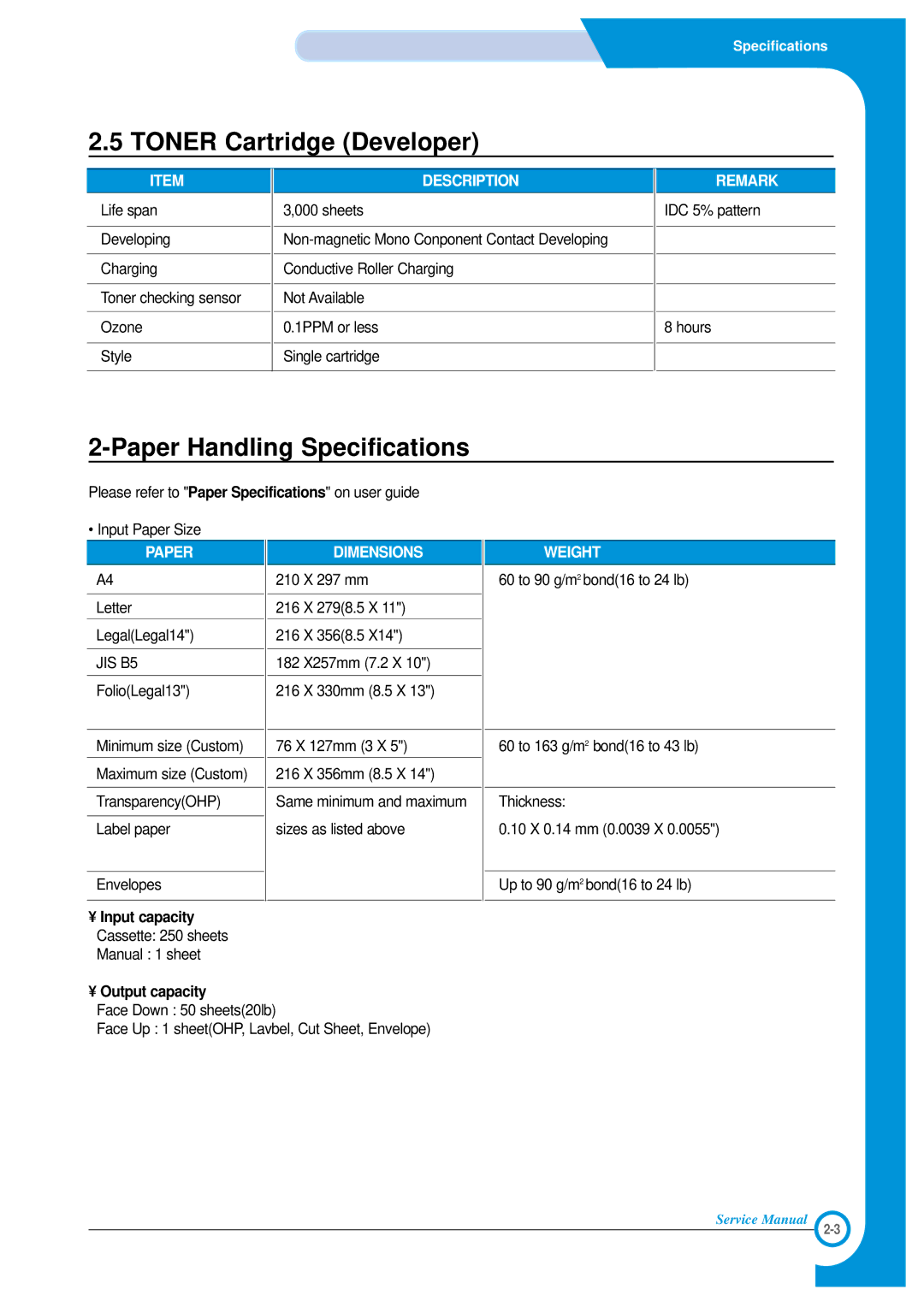 Xerox Phaser 3120 specifications Toner Cartridge Developer, Paper Handling Specifications 