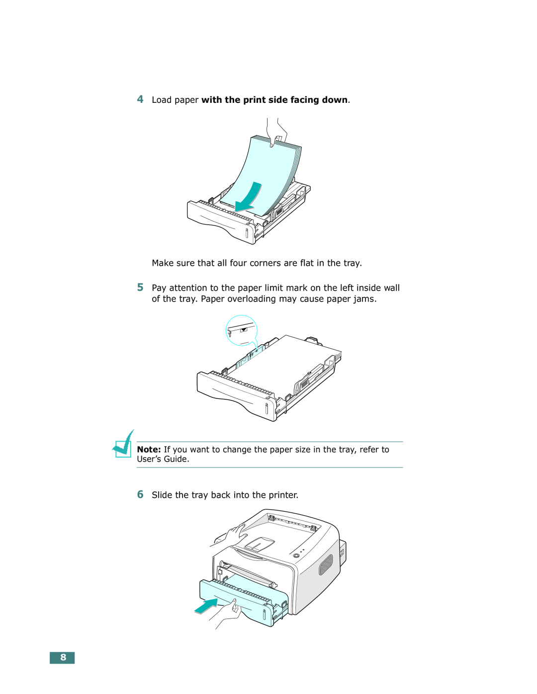 Xerox Phaser 3130 manual Load paper with the print side facing down, Make sure that all four corners are flat in the tray 
