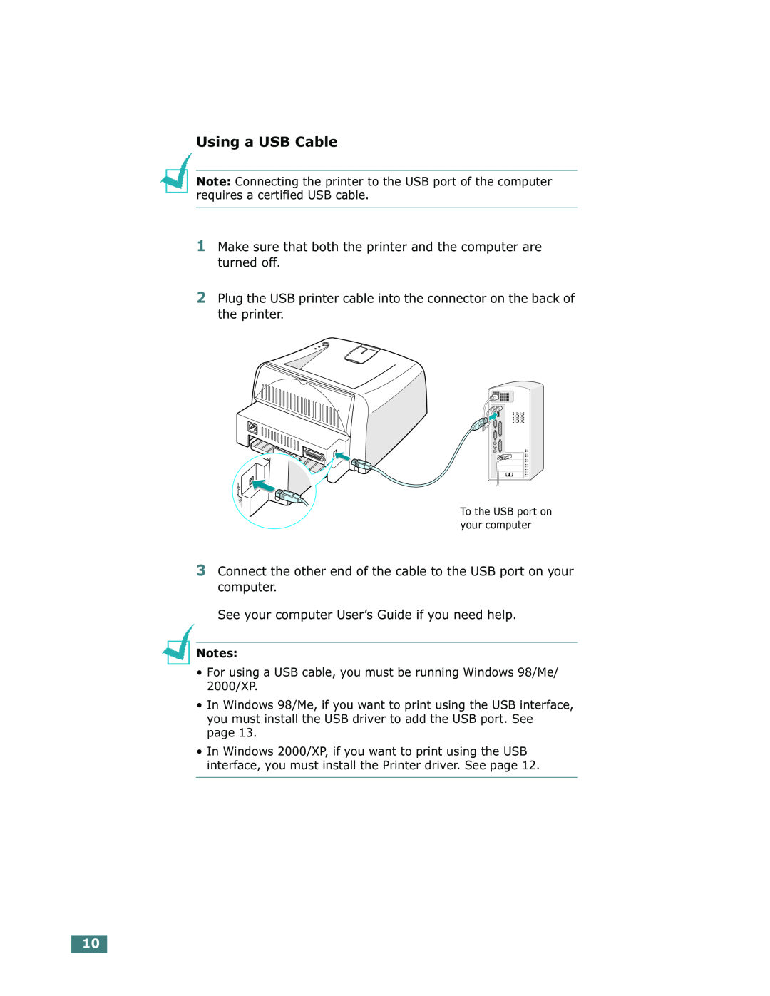 Xerox Phaser 3130 manual Using a USB Cable, To the USB port on your computer 