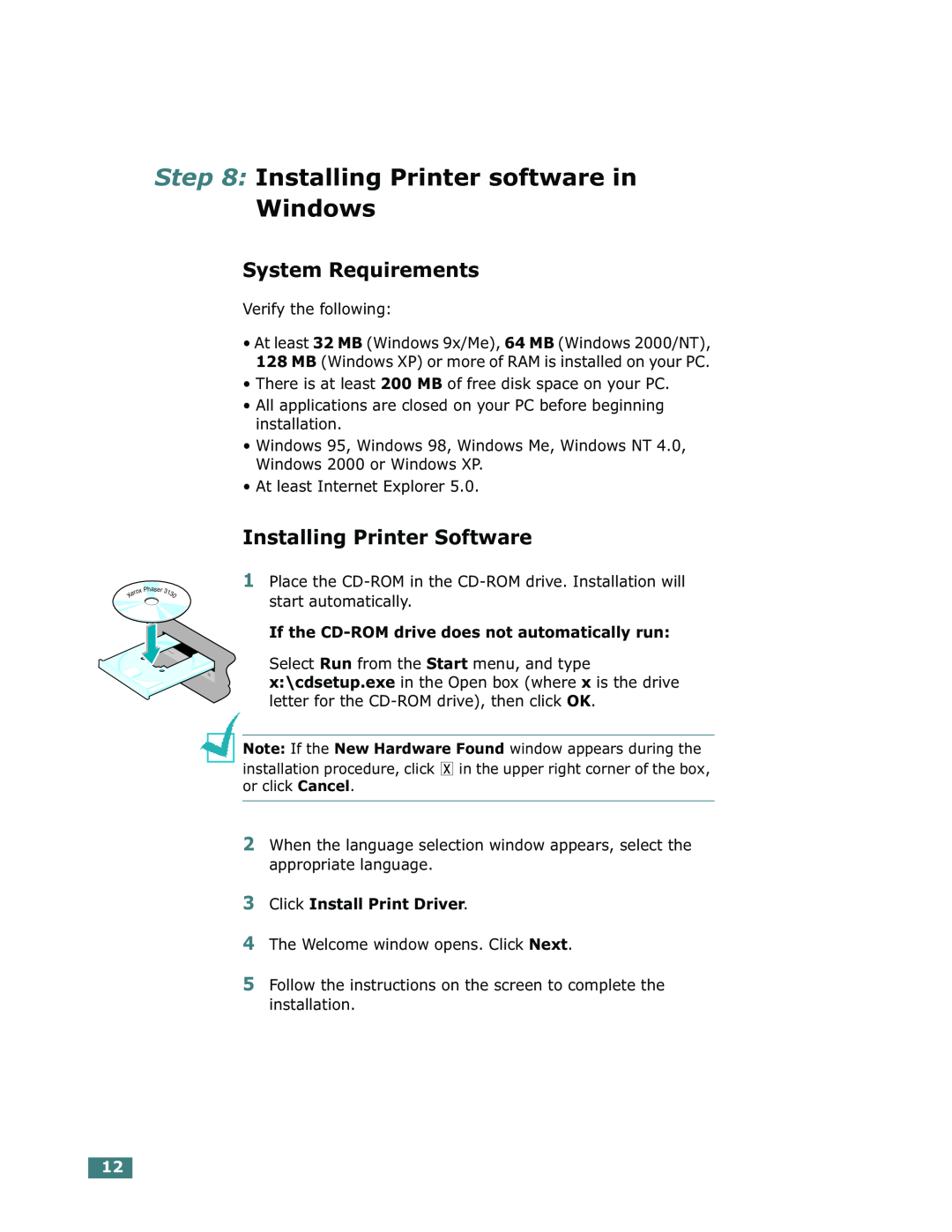 Xerox Phaser 3130 manual Installing Printer software in Windows, System Requirements, Installing Printer Software 