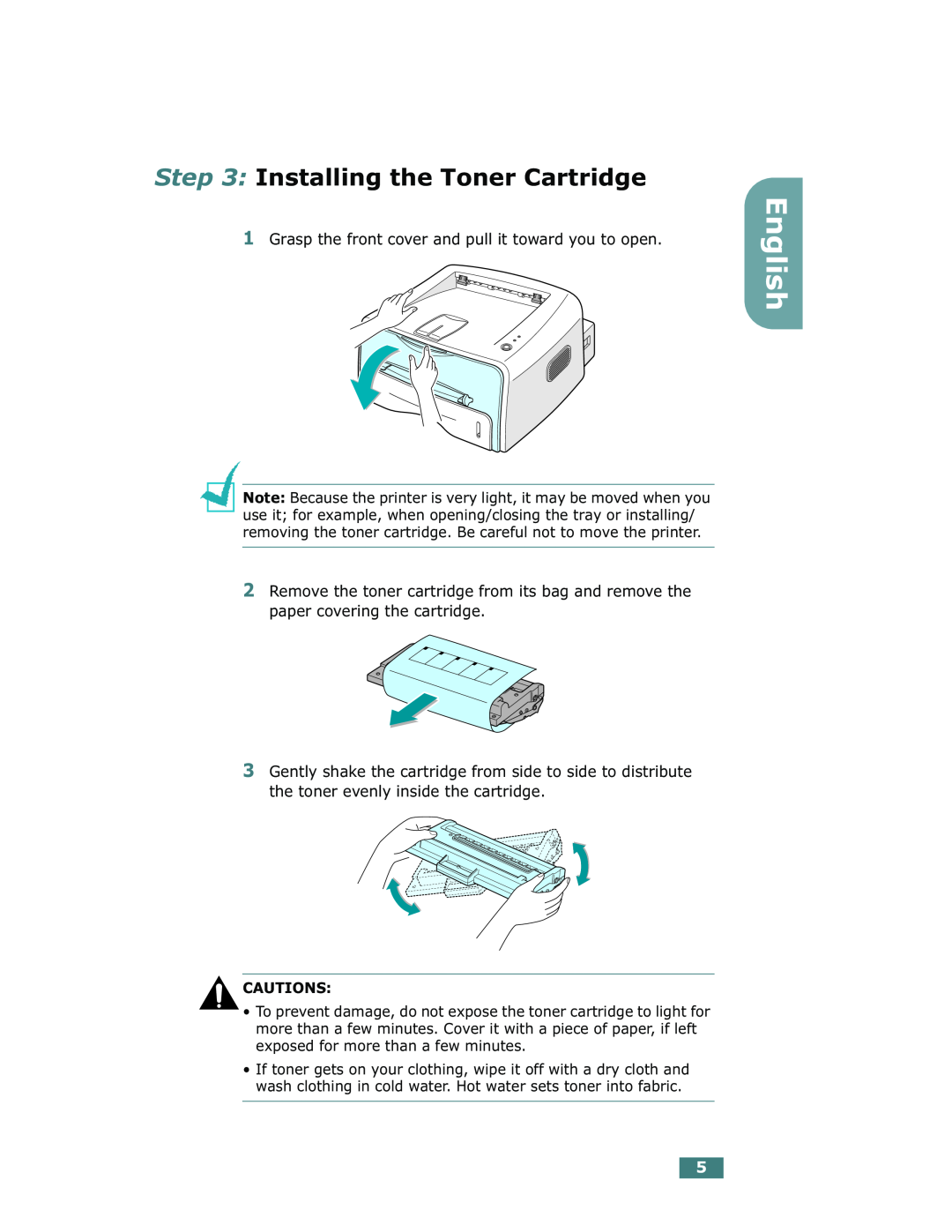 Xerox Phaser 3130 manual Installing the Toner Cartridge, English, Cautions 