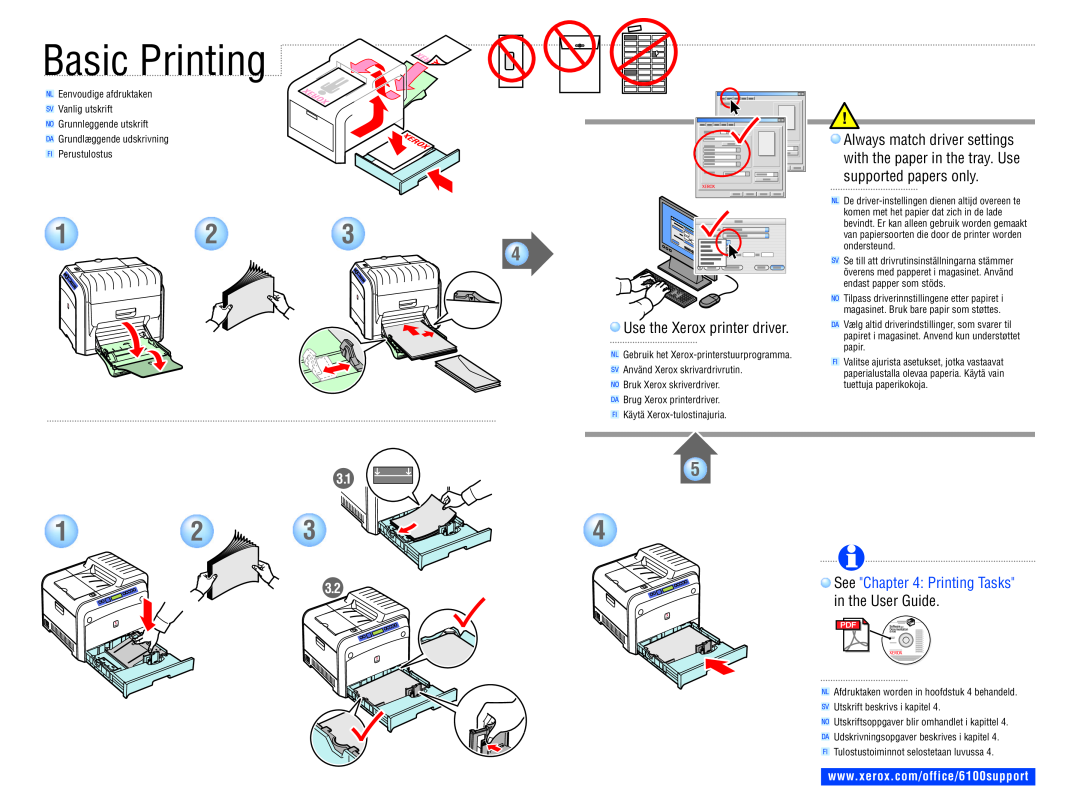 Xerox Phaser 6100 manual Basic Printing, Use the Xerox printer driver, See Printing Tasks, in the User Guide 