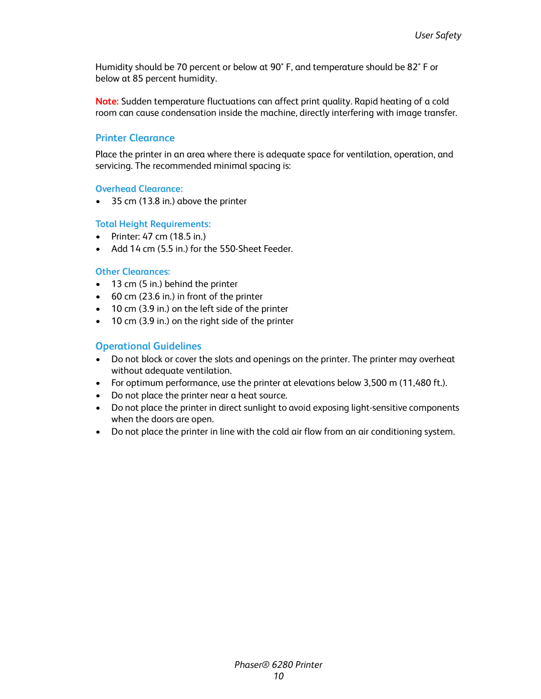 Xerox Phaser 6280 manual Printer Clearance, Operational Guidelines 