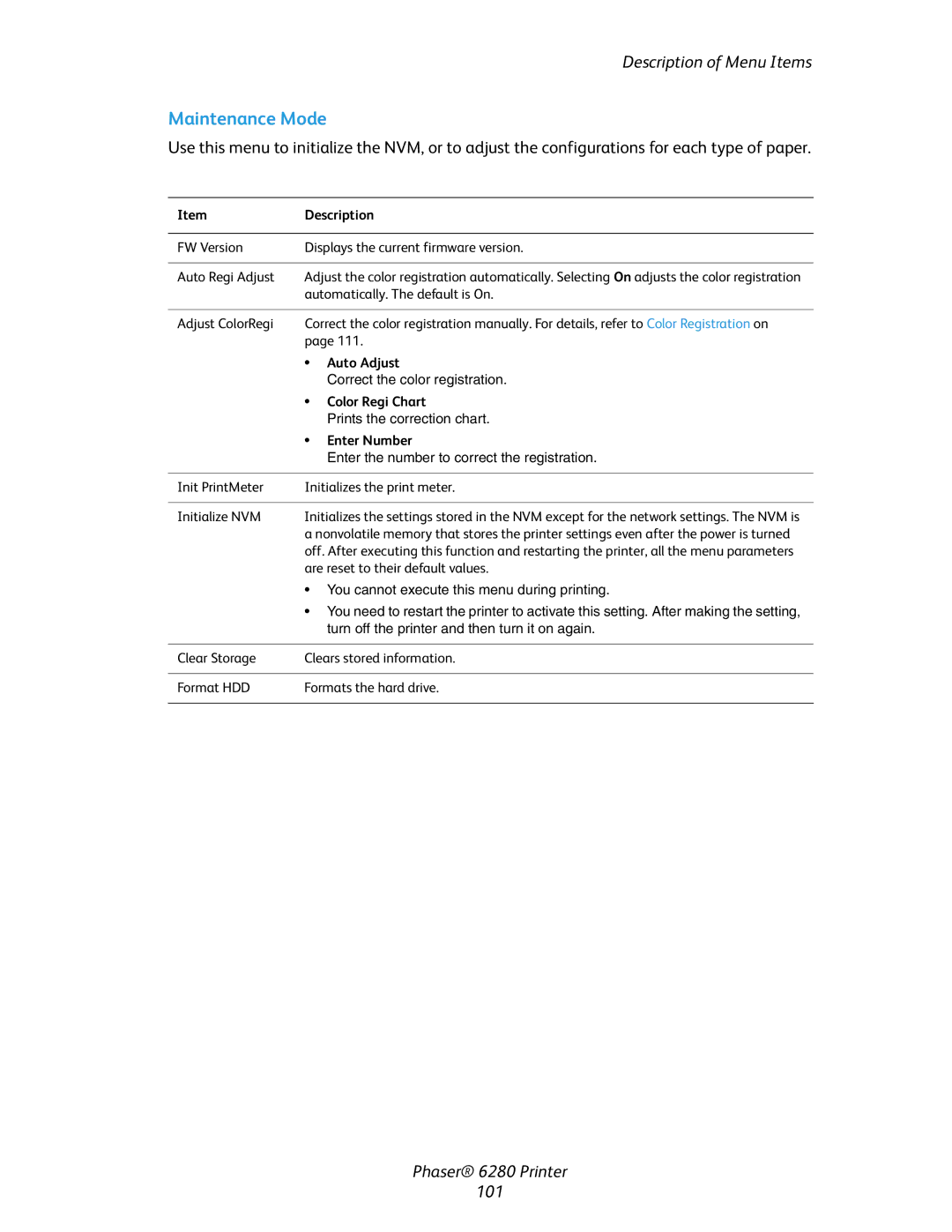 Xerox Phaser 6280 manual Maintenance Mode, Auto Adjust, Color Regi Chart, Enter Number 