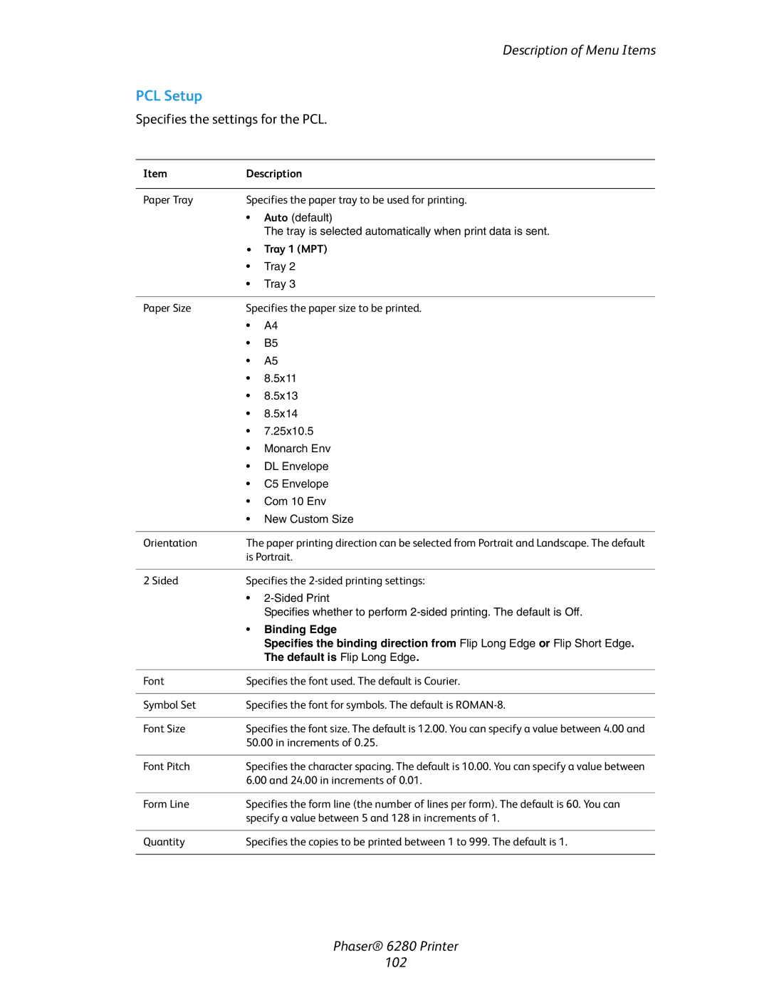 Xerox Phaser 6280 manual PCL Setup, Tray 1 MPT, Binding Edge, Default is Flip Long Edge 