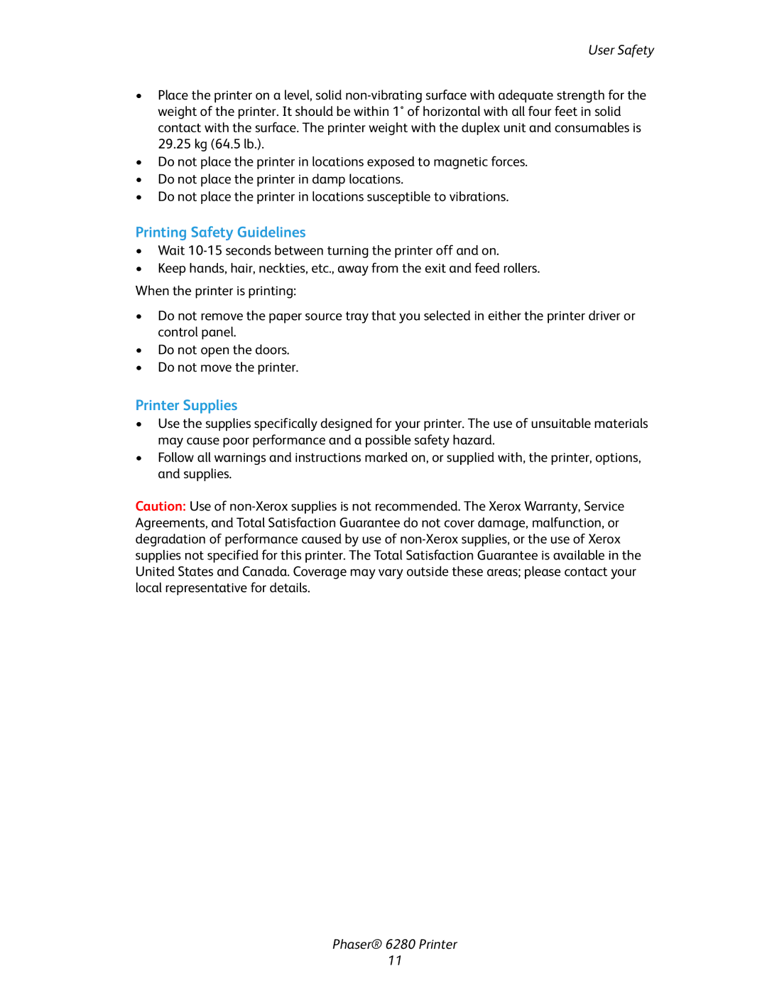 Xerox Phaser 6280 manual Printing Safety Guidelines, Printer Supplies 