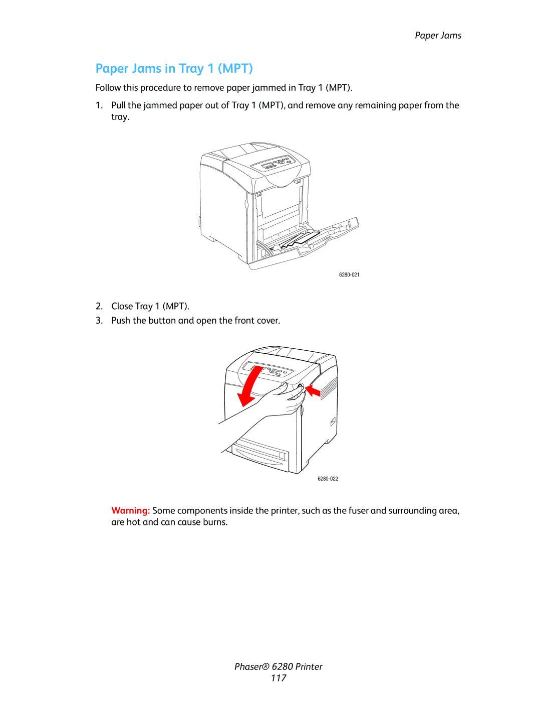 Xerox Phaser 6280 manual Paper Jams in Tray 1 MPT 