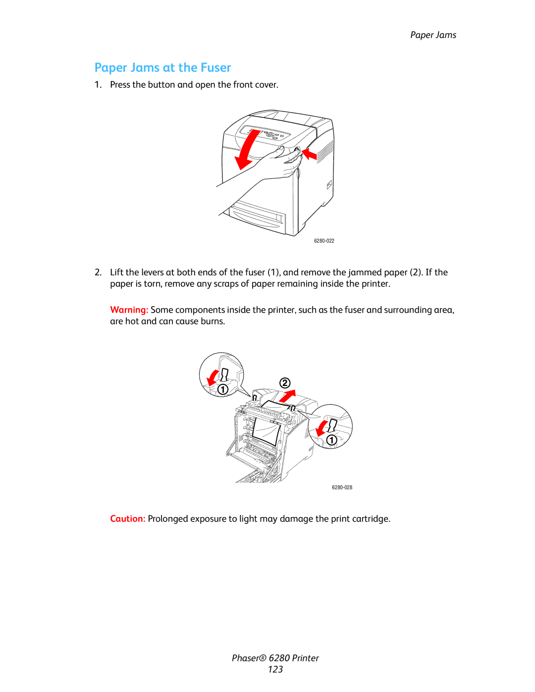 Xerox Phaser 6280 manual Paper Jams at the Fuser 