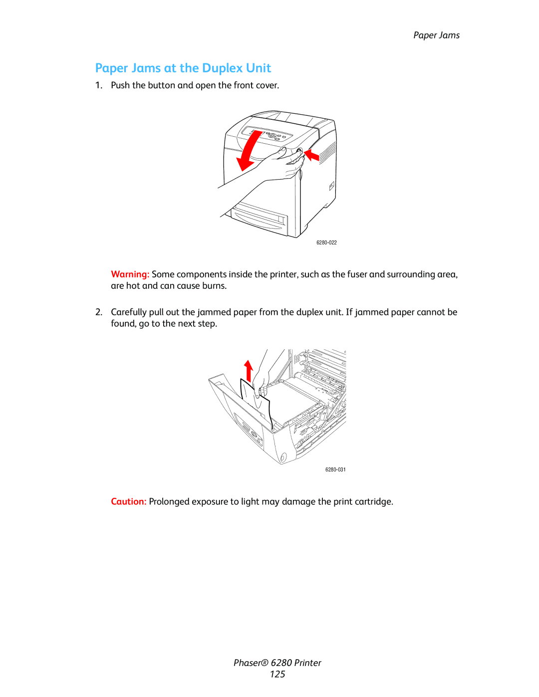 Xerox Phaser 6280 manual Paper Jams at the Duplex Unit 