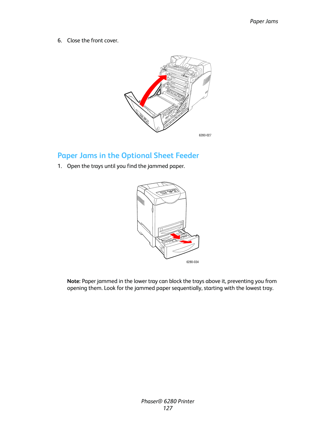 Xerox Phaser 6280 manual Paper Jams in the Optional Sheet Feeder 