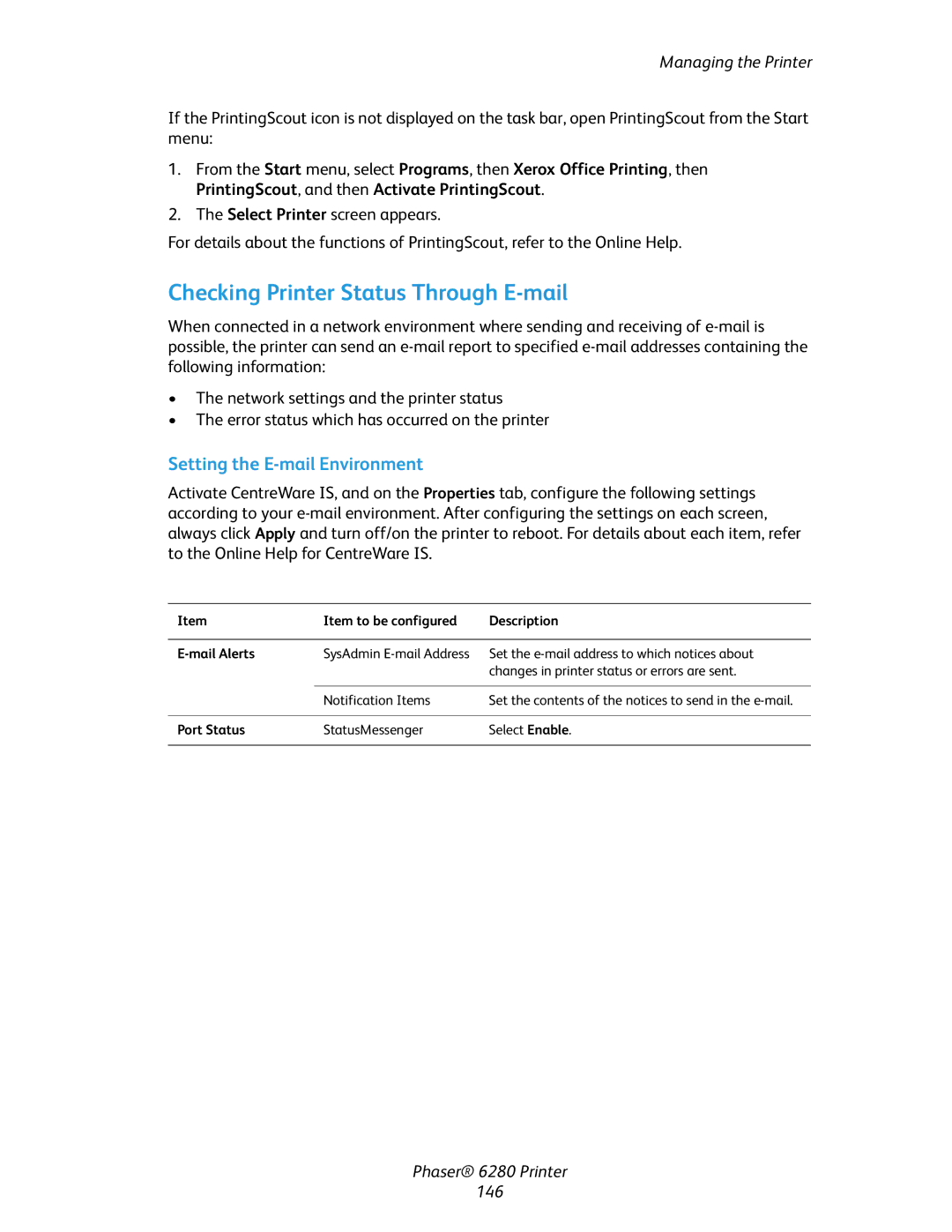 Xerox Phaser 6280 manual Checking Printer Status Through E-mail, Setting the E-mail Environment, Port Status 