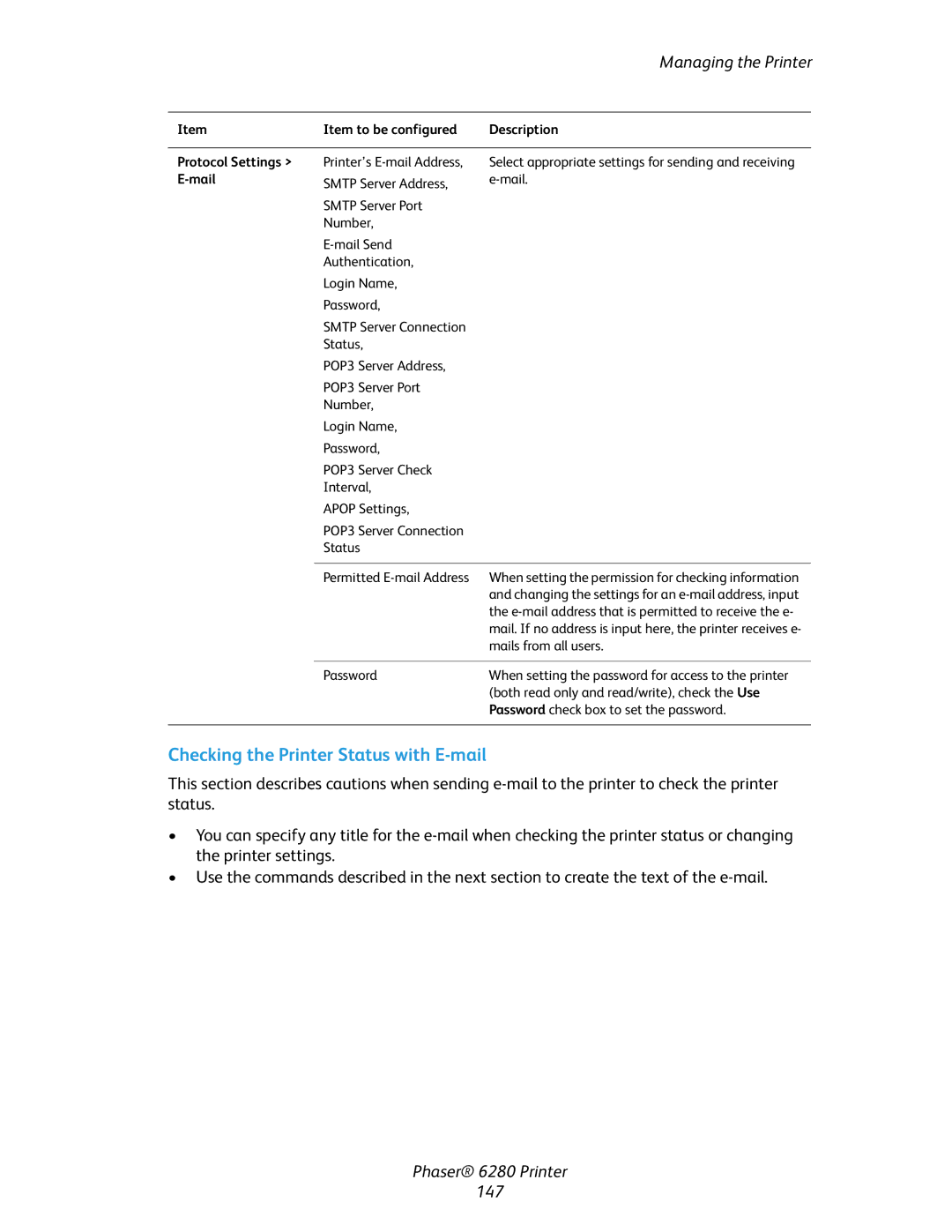 Xerox Phaser 6280 manual Checking the Printer Status with E-mail, Item to be configured Description Protocol Settings, Mail 