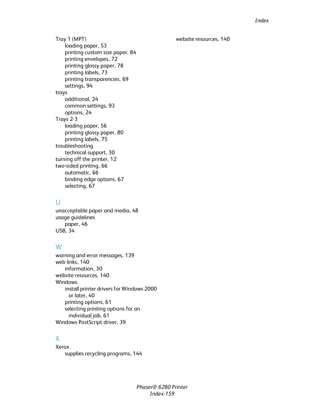 Xerox manual Phaser 6280 Printer Index-159 