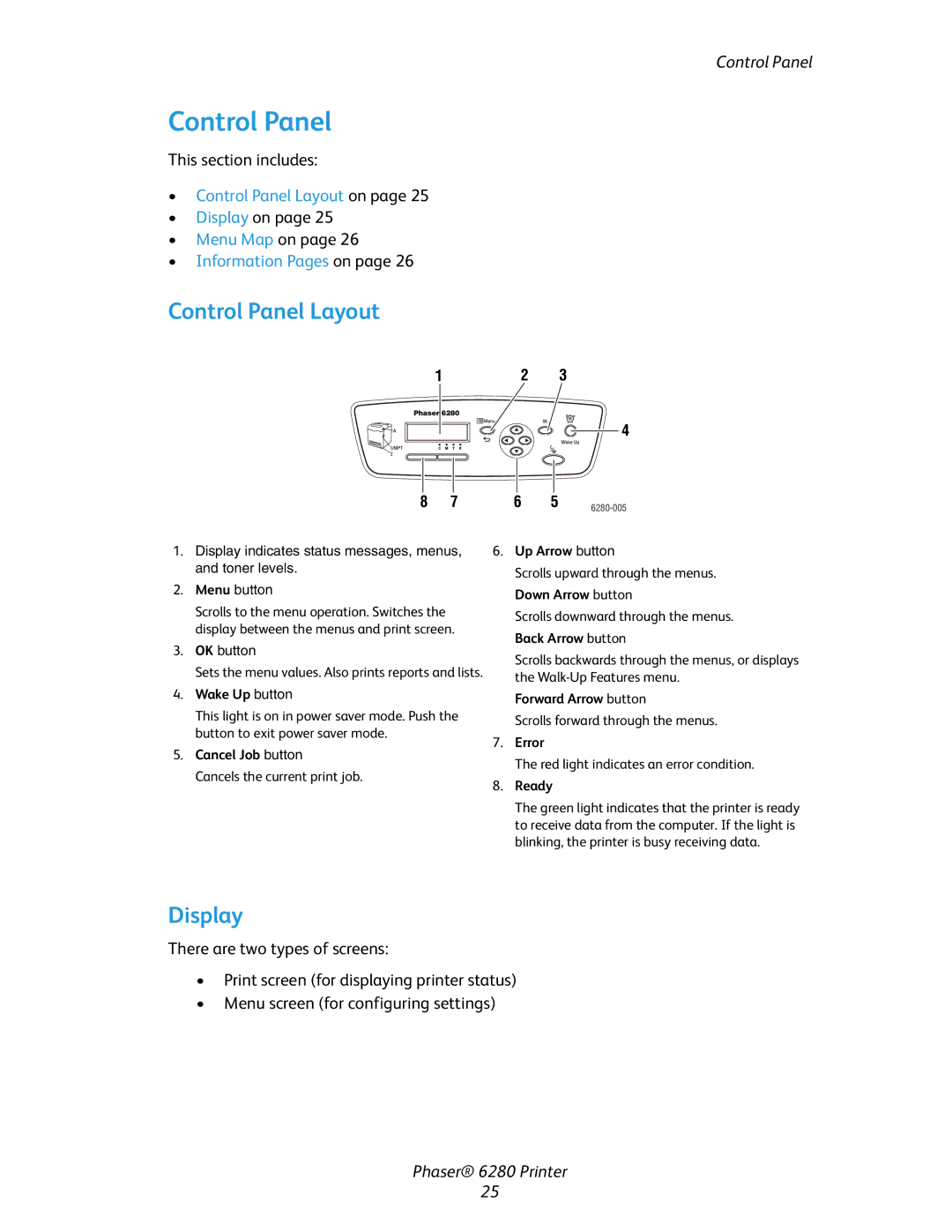 Xerox Phaser 6280 manual Control Panel Layout, Display 