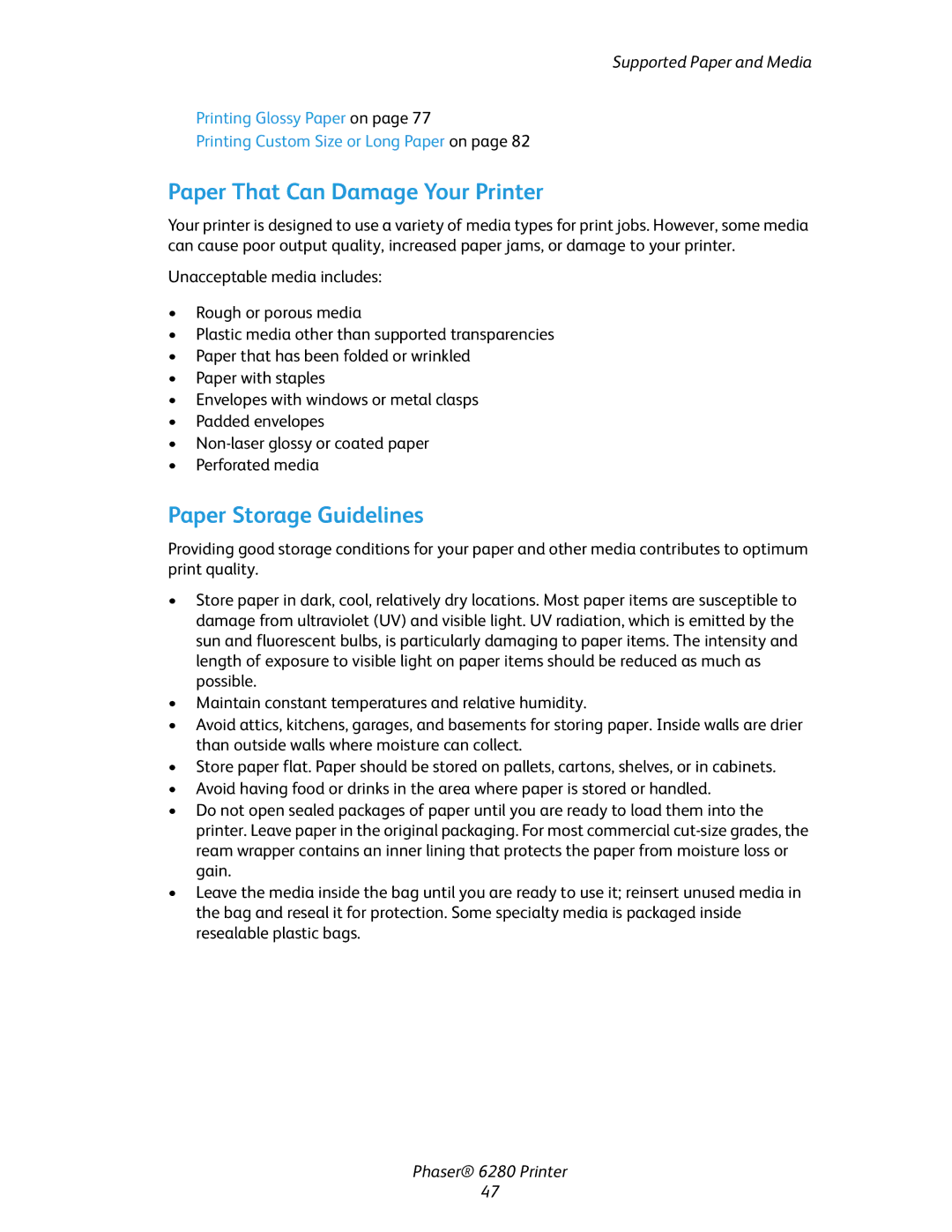 Xerox Phaser 6280 manual Paper That Can Damage Your Printer, Paper Storage Guidelines 