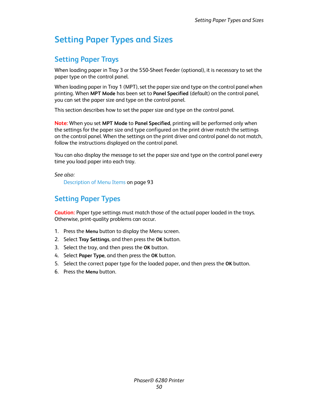 Xerox Phaser 6280 manual Setting Paper Types and Sizes, Setting Paper Trays 