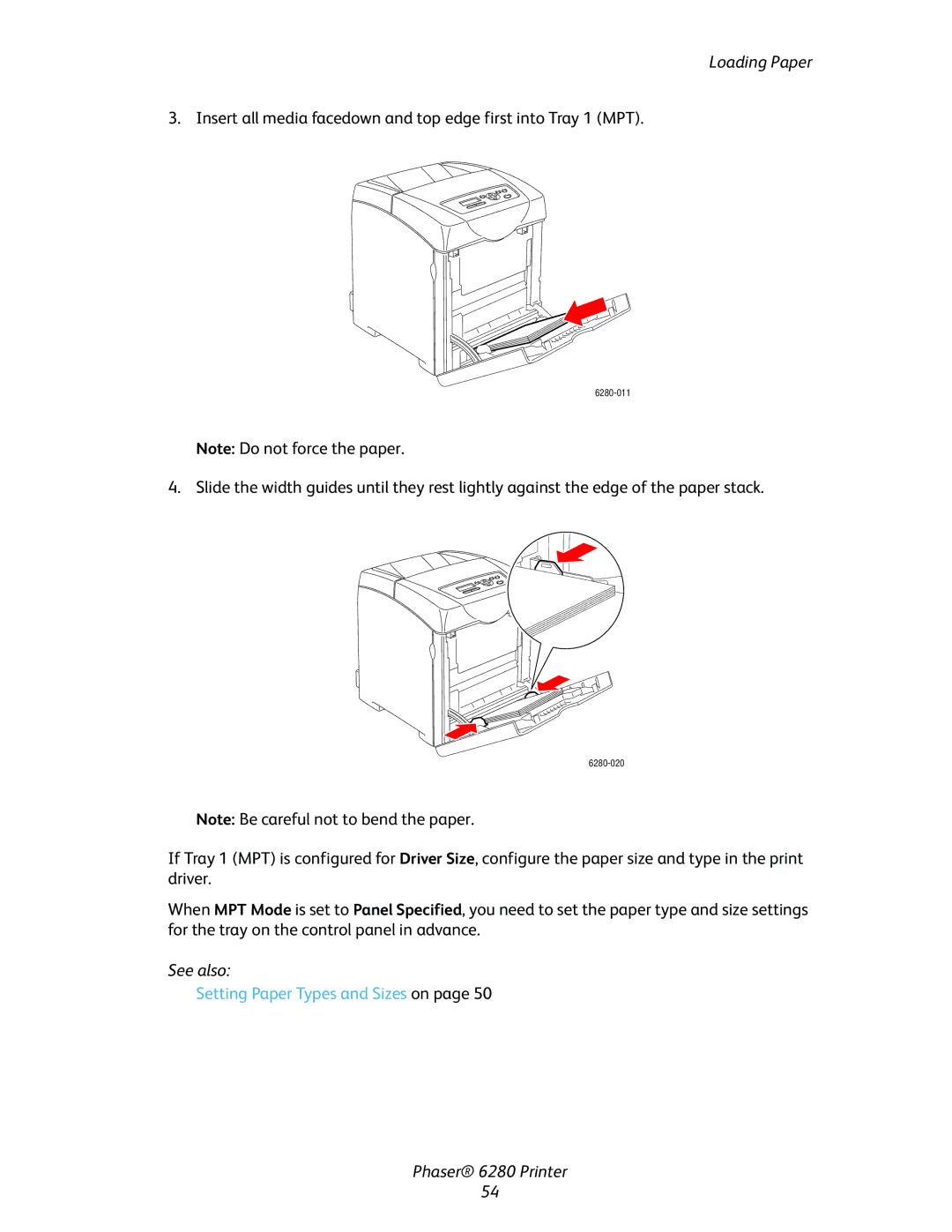 Xerox Phaser 6280 manual Insert all media facedown and top edge first into Tray 1 MPT 