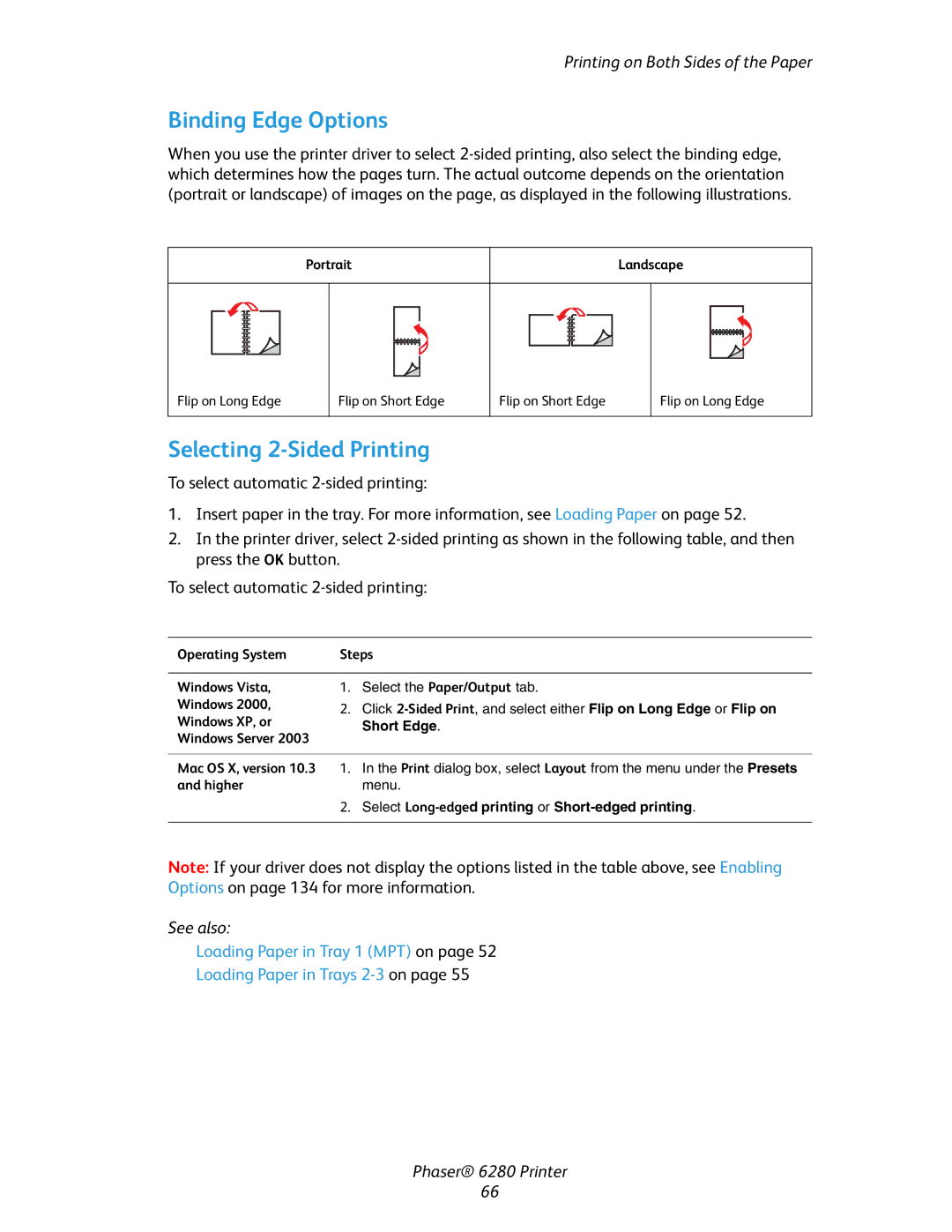 Xerox Phaser 6280 manual Binding Edge Options, Selecting 2-Sided Printing, Portrait Landscape 