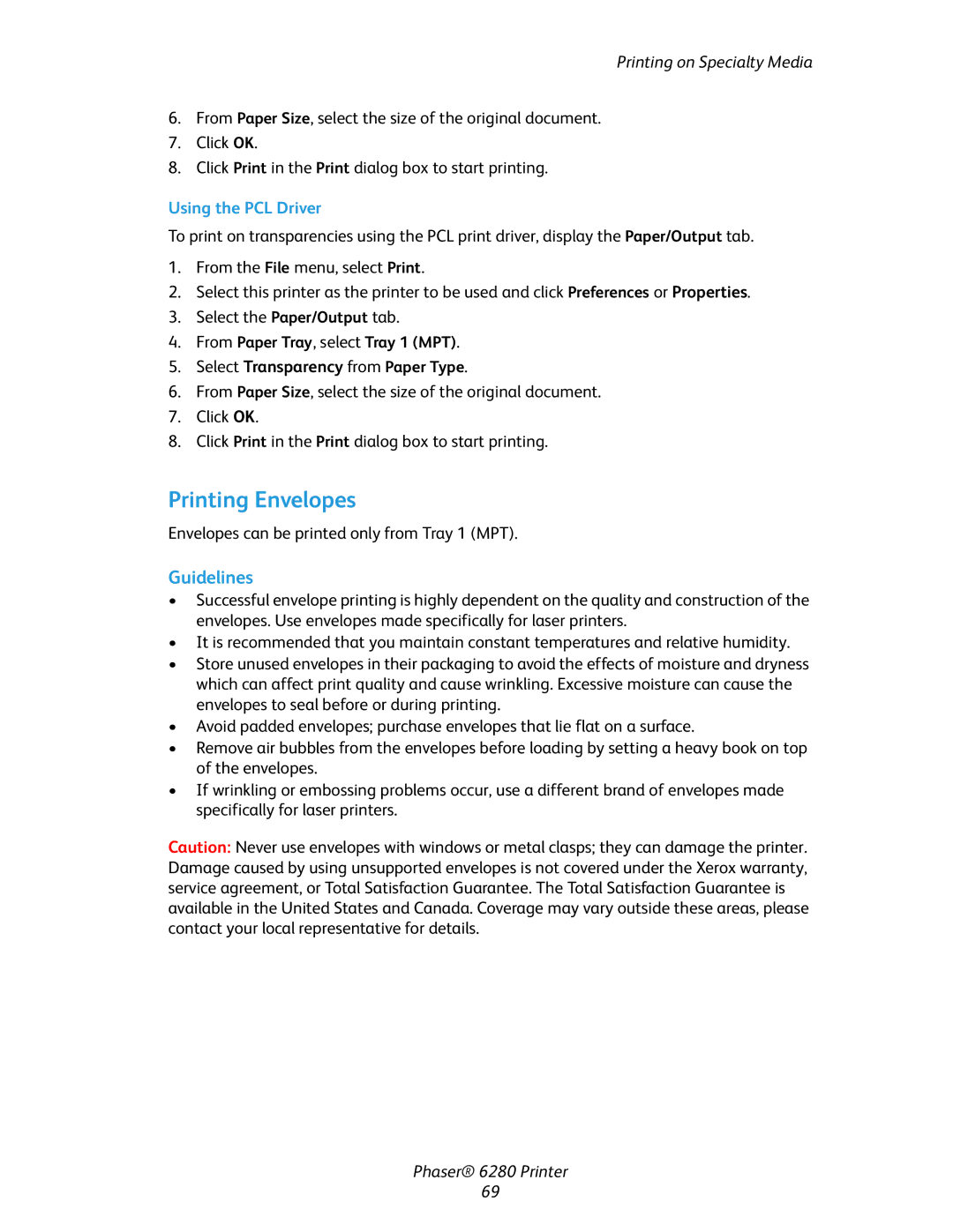 Xerox Phaser 6280 manual Printing Envelopes, Using the PCL Driver 